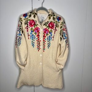 Vintage Linea by Louis Dell'Olio Ivory Coat Floral Embroidery Lined - Size M